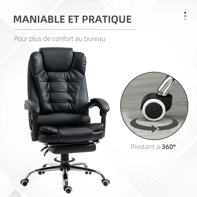 HOMCOM Fauteuil de bureau fauteuil manager grand confort dossier inclinable roulettes P.U 64,5 x 69 x 117 cm noir