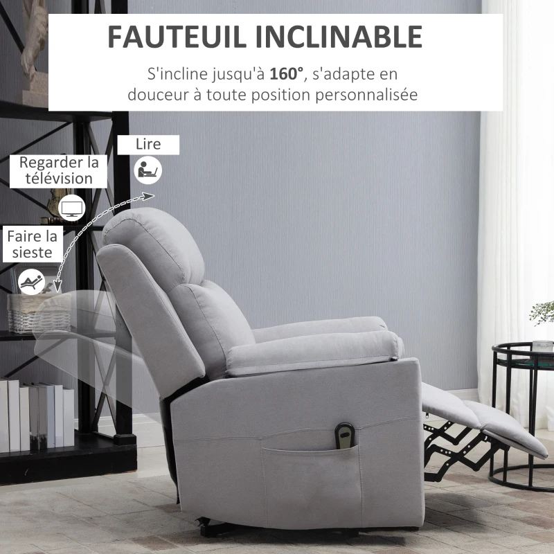 HOMCOM Fauteuil releveur électrique, fauteuil relax électrique avec repose-pied, dossier inclinable, télécommande et poche latérale charge 120kg tissu aspect lin gris clair(m-6)