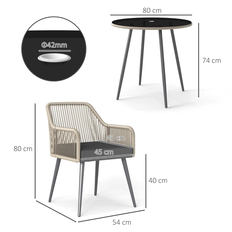 Outsunny Salon de jardin extérieur en résine tressée 4 places - coussins et table ronde en verre, pour terrasse, jardin, marron(m-3)