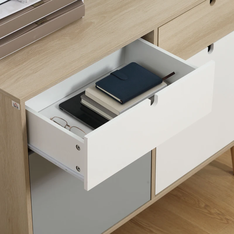 HOMCOM Aparador Auxiliar Móvel de Armazenamento com 2 Armários Fechados e 2 Gavetas Pés Elevados de Madeira de Pinho para Cozinha Dormitório Entrada 100x40x79,5cm Branco Cinza Madeira