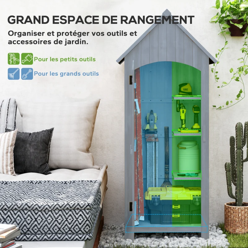 Outsunny Armoire de jardin en bois Abri de jardin Armoire à outils Cabane en bois Toit bitumé Gris 77,5 x 54,2 x 179,5 cm