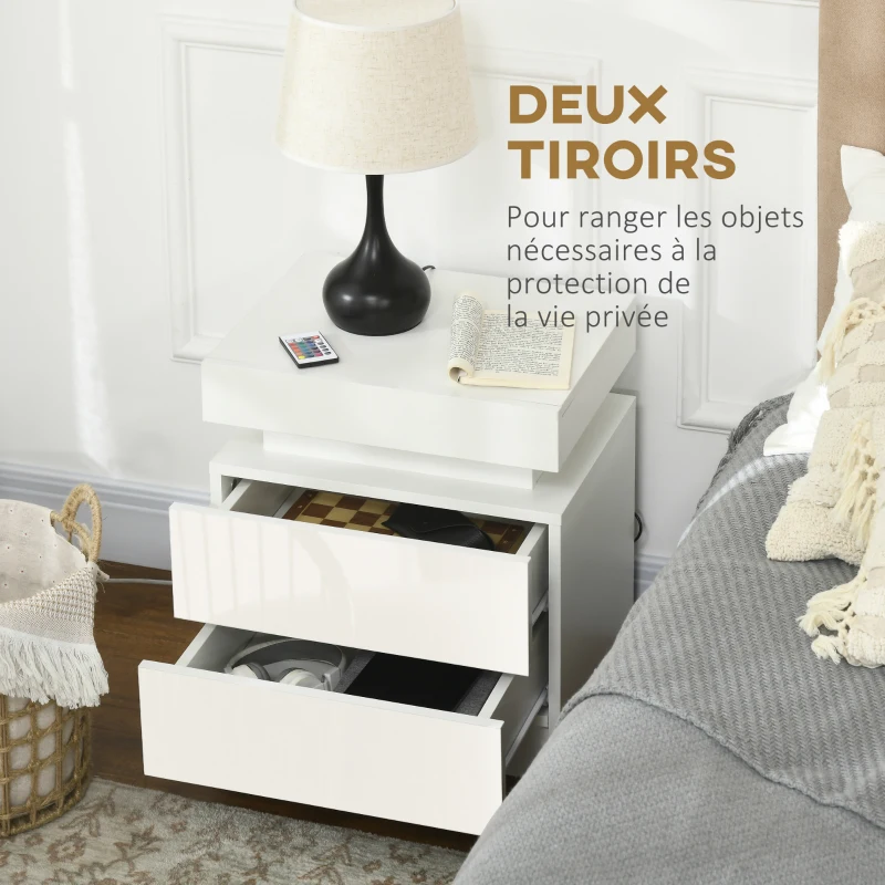 HOMCOM Table de chevet table de nuit lumière LED RVB panneau haute brillance avec 2 tiroirs pour salon chambre à coucher blanc