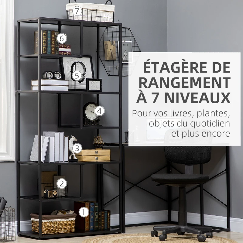 HOMCOM Bibliothèque étagère de rangement à 7 niveaux cadre en acier style industriel 83 x 34 x 180 cm noir