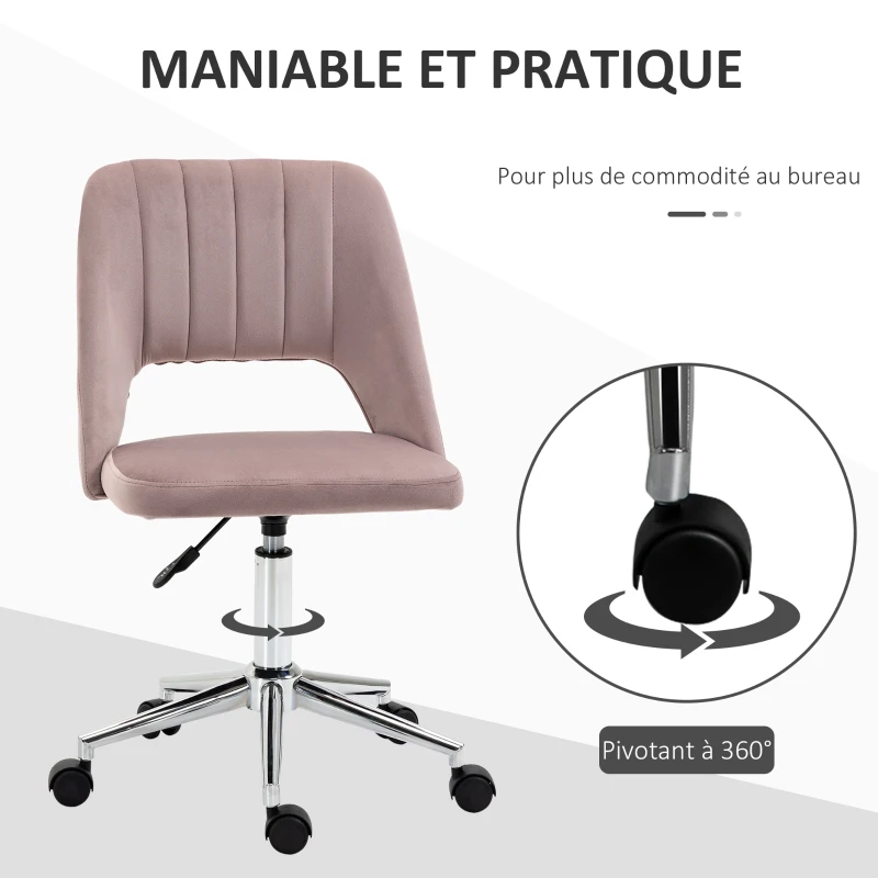 Vinsetto Chaise de bureau design contemporain pivotante 360° ergonomique dossier strié aéré hauteur réglable revêtement velours 49 x 60 x 91 cm rose