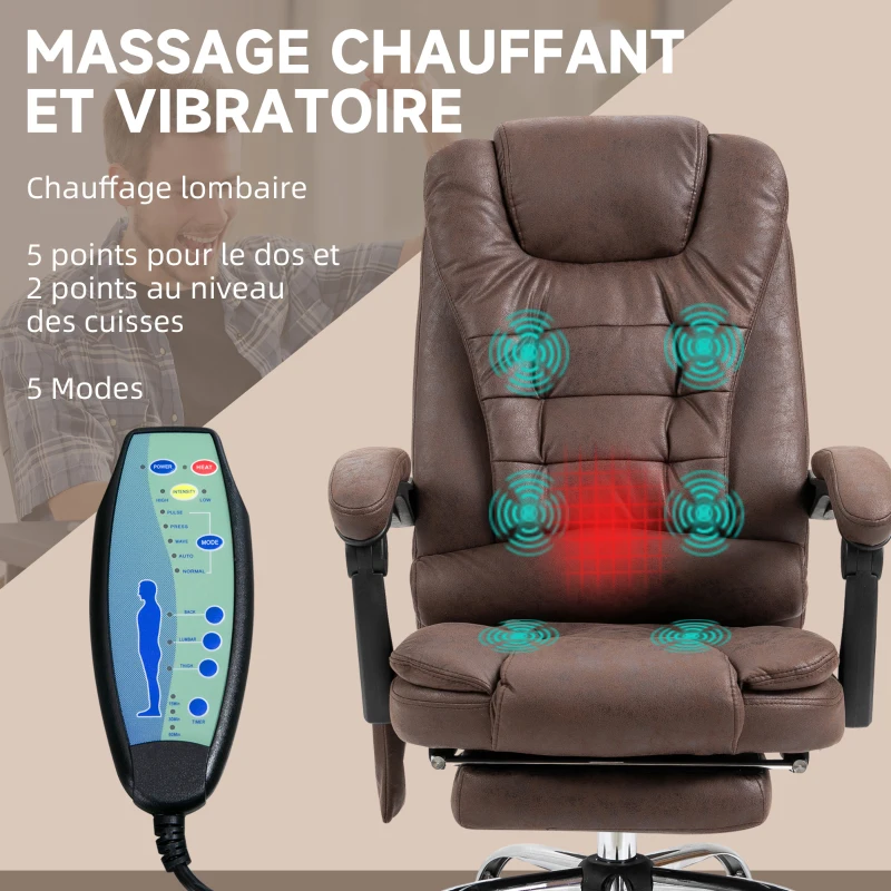 Vinsetto Fauteuil de bureau direction massant chauffant hauteur réglable dossier inclinable toile de microfibre marron(m-4)