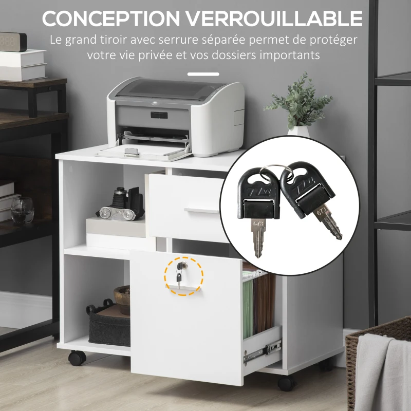 Vinsetto Support d'imprimante Organisateur Meuble de rangement de Bureau Caisson avec 2 tiroirs Dont 1 verrouillable pour format A4 - dim. 86,3I x 40P x 66,5H cm - en Bois Blanc
