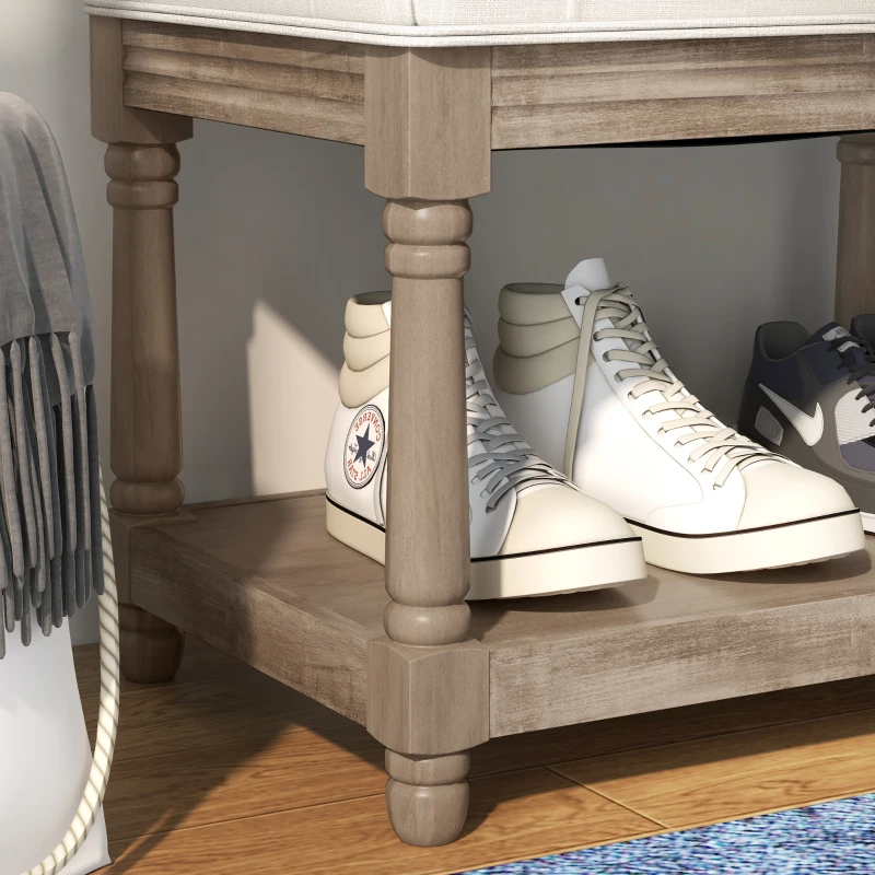 HOMCOM Banc banquette capitonnée 2 niveaux étagère 115 cm Bout de lit Rembourrée en lin piètement Bois sculpté Lin Beige(m-9)