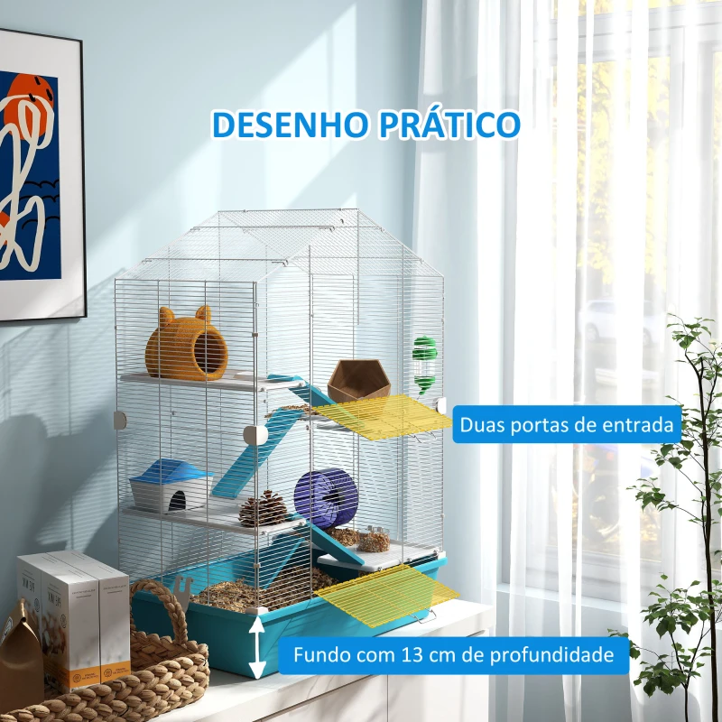 PawHut Gaiola para Hamster de 5 Níveis com Plataformas Comedouro Bebedouro Casa Rampa e Rodas de Exercícios 58x36x81 cm Azul Claro