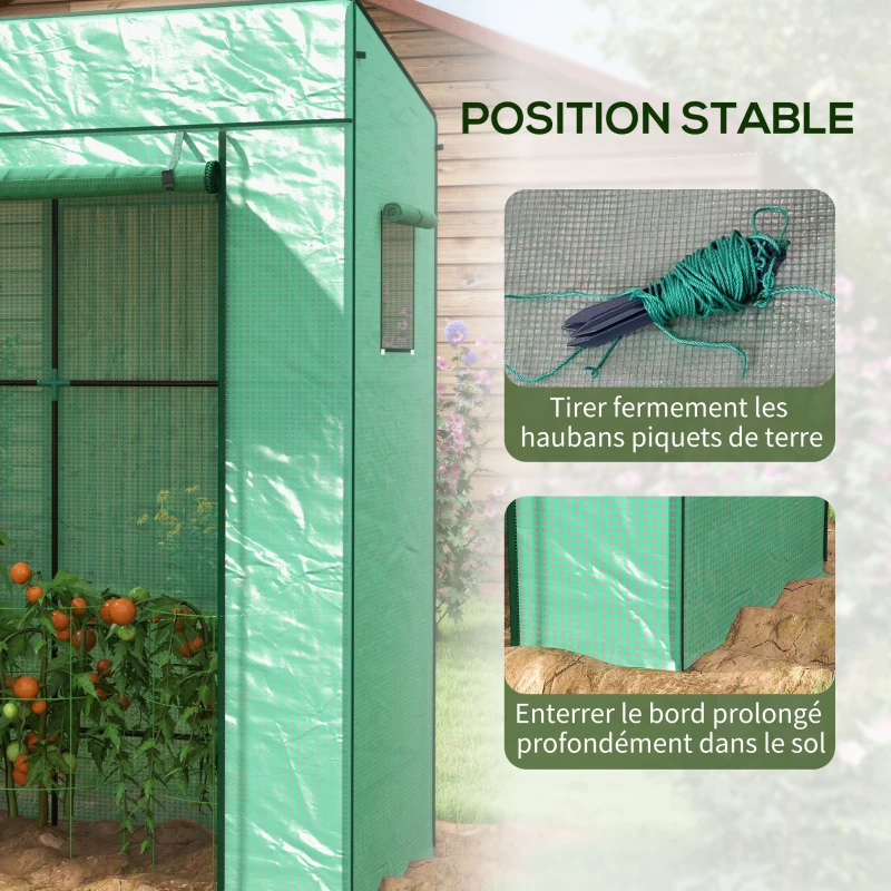 Outsunny Serre de jardin murale adossée avec 1 porte enroulable, bâche PE renforcée, 2 fenêtres, dim. 196L x 77l x 197/178H cm