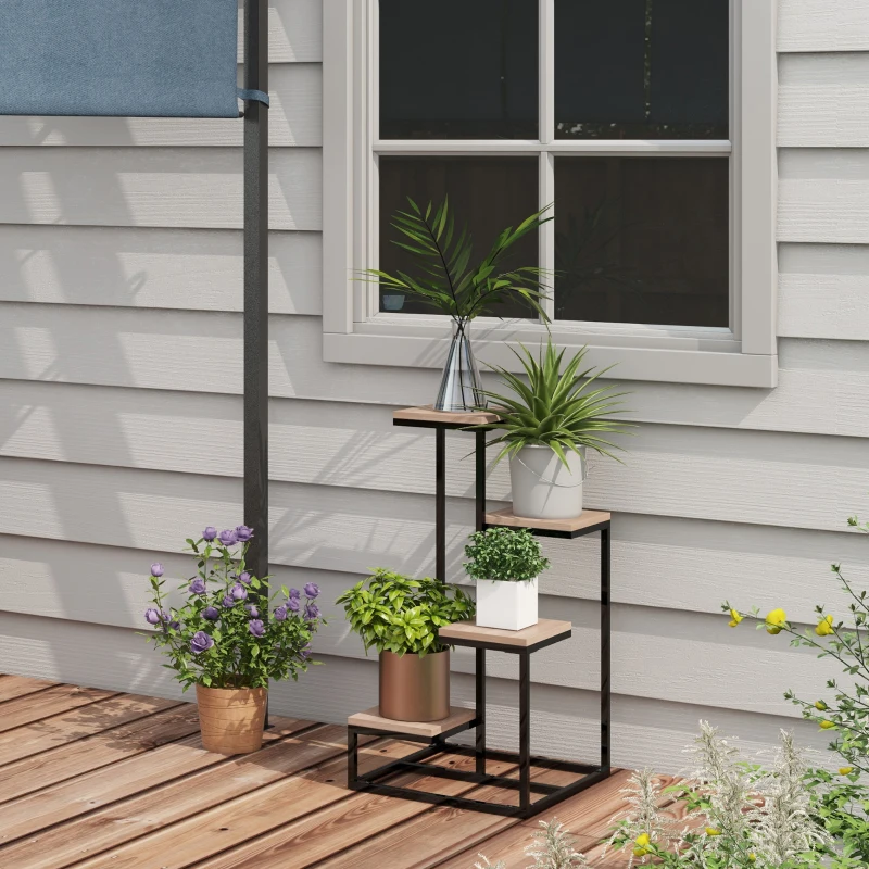 Outsunny Étagère à plantes étagère à fleurs en métal et bois 4 niveaux de différentes hauteurs style industriel 40 x 40 x 75,5 cm