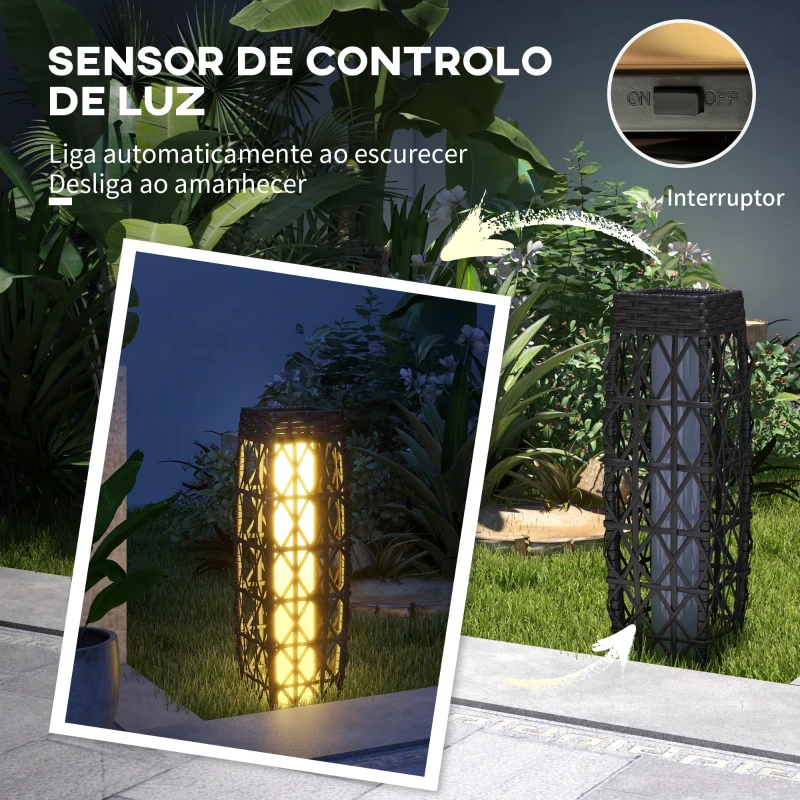 Outsunny Candeeiro Solar com Iluminação LED Liga Automático Candeeiro se Exterior em Aço e Vime PE 20x20x68 cm Cinzento Escuro