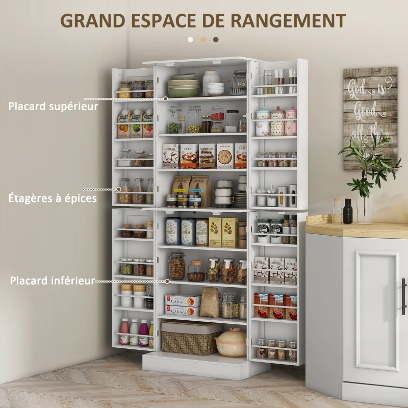 HOMCOM Armoire de cuisine buffet cuisine avec placards, étagère réglable et porte-épices, 60 x 35 x 166 cm, blanc(m-4)