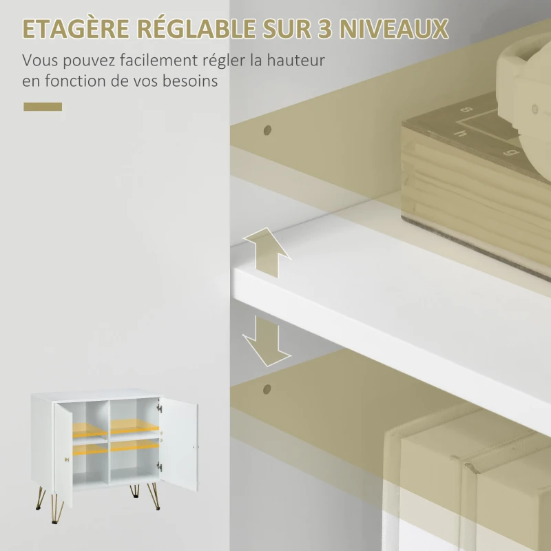 HOMCOM Meuble de rangement avec pieds épingles 2 portes et 2 étagères réglables 80 x 40 x 80 cm blanc doré