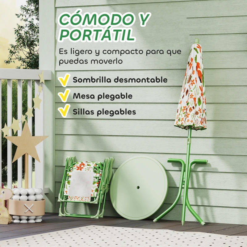 AIYAPLAY Conjunto Infantil de Jardín Plegable con 2 Sillas Mesa y Sombrilla Ajustable para Niños de 2 a 5 Años Verde