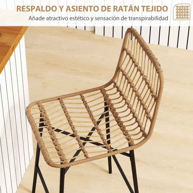 HOMCOM Conjunto de 2 Taburetes Altos de Cocina Taburetes de Bar con Respaldo y Asiento de Ratán para Bar Cocina Comedor Marrón