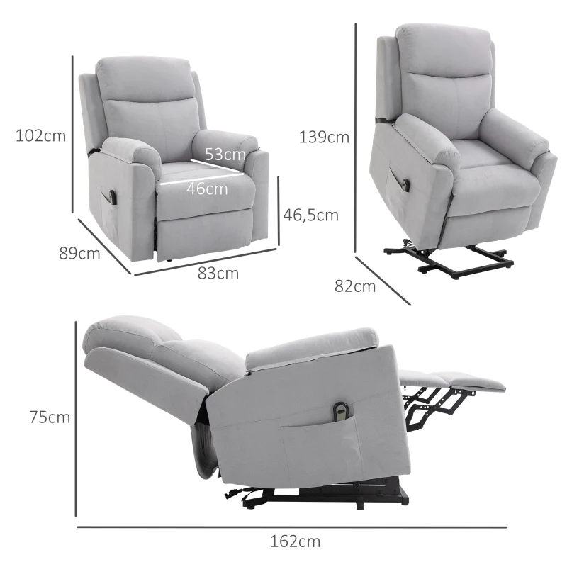 HOMCOM Fauteuil releveur électrique, fauteuil relax électrique avec repose-pied, dossier inclinable, télécommande et poche latérale charge 120kg tissu aspect lin gris clair(m-3)