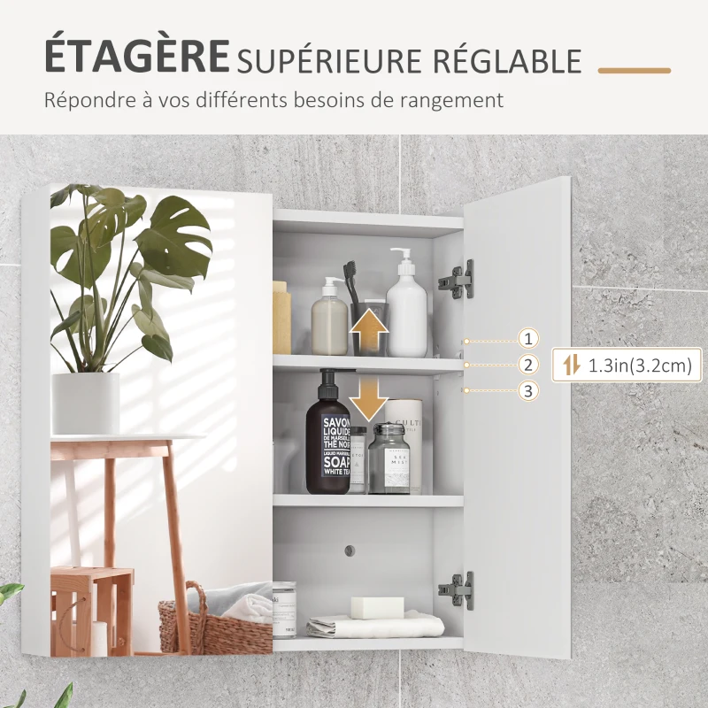 kleankin Armoire murale de salle de bain miroir placard de rangement 2 portes 3 niveaux étagère réglable 60 x 15 x 60 cm blanc