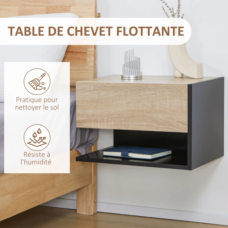 HOMCOM Lot de 2 Tables de Chevet murales - Lot de 2 Tables de Nuit - tiroir Coulissant, étagère, Bicolore Aspect chêne Noir