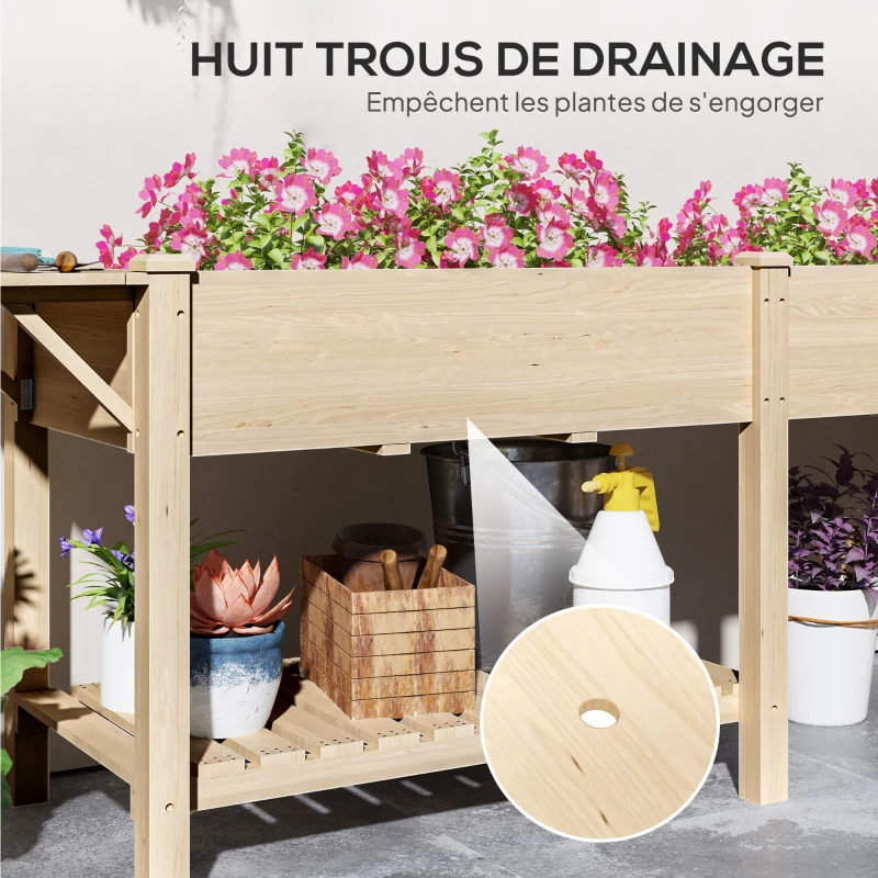 Outsunny Jardinière sur pieds carré potager de jardin sur pieds 2 bacs tablette étagère inférieure 207 x 59 x 78 cm bois naturel