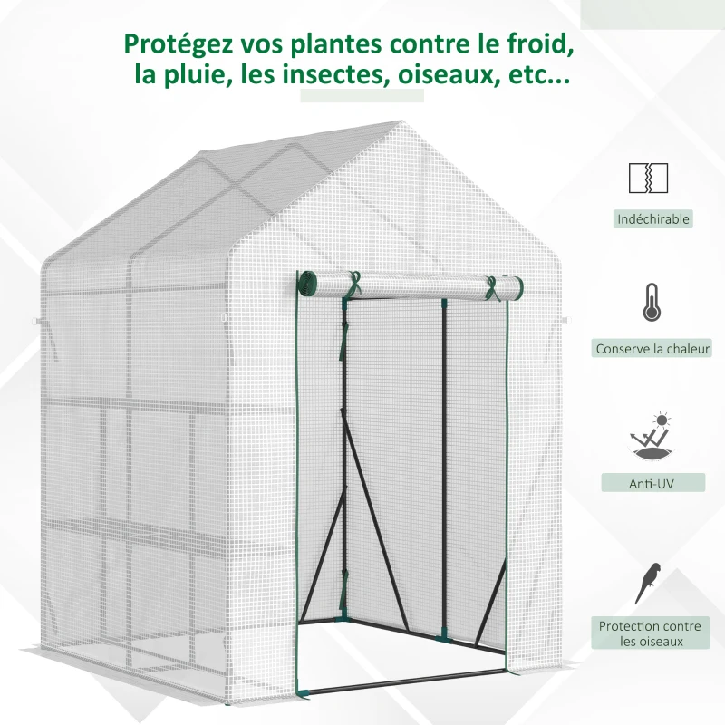 Outsunny Serre de jardin PE avec étagères 2 niveaux, serre de balcon, bâche renforcée 140 g/m², châssis en acier, porte zippée enroulable, pour légumes plantes fleurs, 143x143x195cm, blanc