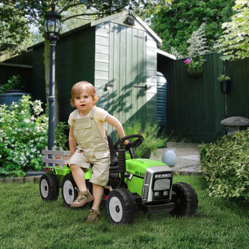 HOMCOM Tractor Electric cu Remorca Detasabila, Masinuta Electrica pe Baterii de 12V pentru Copii, cu Telecomanda, Sunet de Pornire, cu Muzica si Claxon, Lumini, pentru Varste intre 3-6 ani - Verde(m-10)