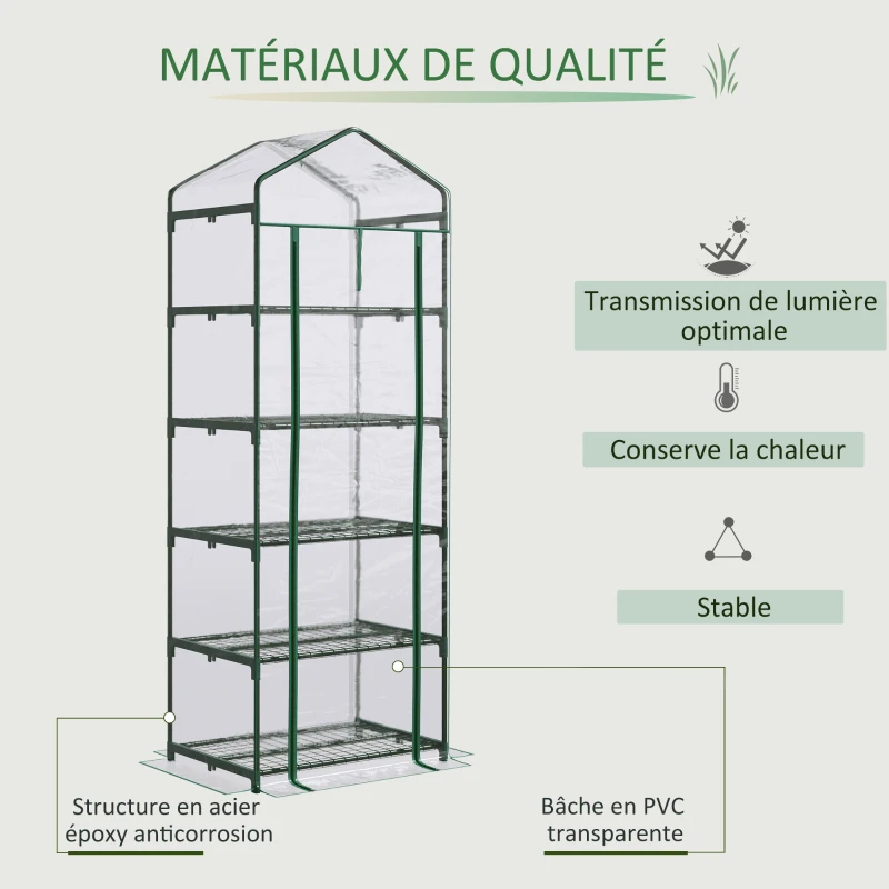 Outsunny Serre de jardin PVC avec étagères 5 niveaux, serre de balcon, bâche renforcée 135 g/m², châssis en acier, porte zippée enroulable, pour légumes plantes fleurs, 69 x 49 x 193 cm, transparent
