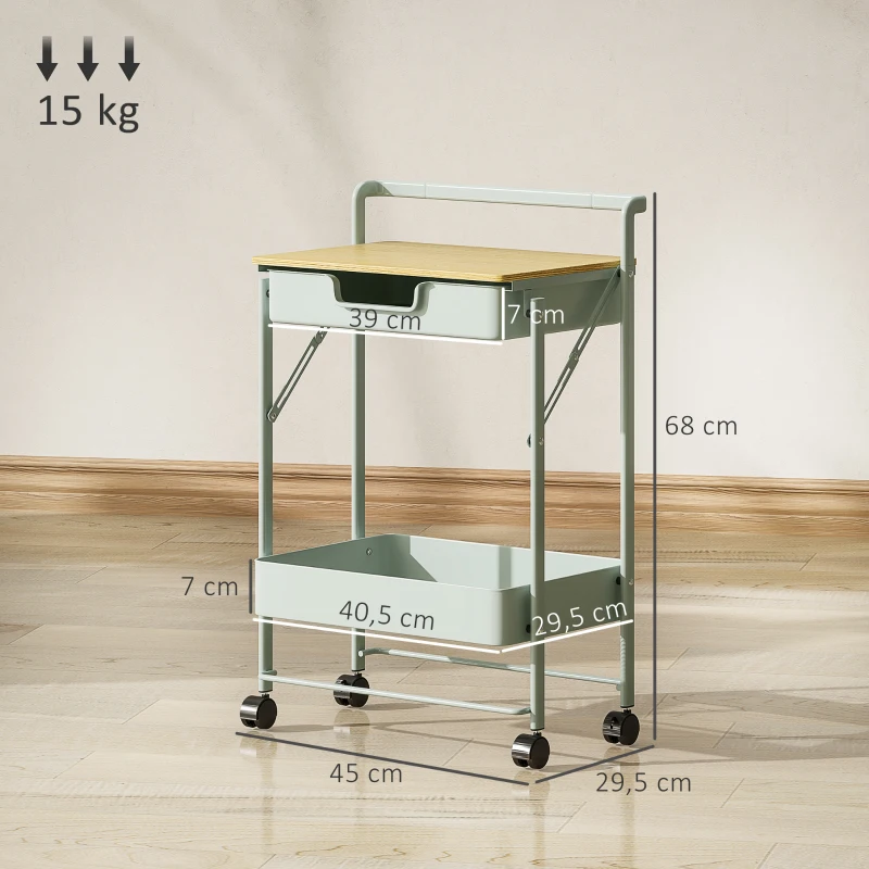 HOMCOM Carrinho Auxiliar com Rodas de 2 Níveis Carrinho de Cozinha com 1 Gaveta e 1 Cesto Carrinho Organizador 45x29,5x68 cm Verde Claro