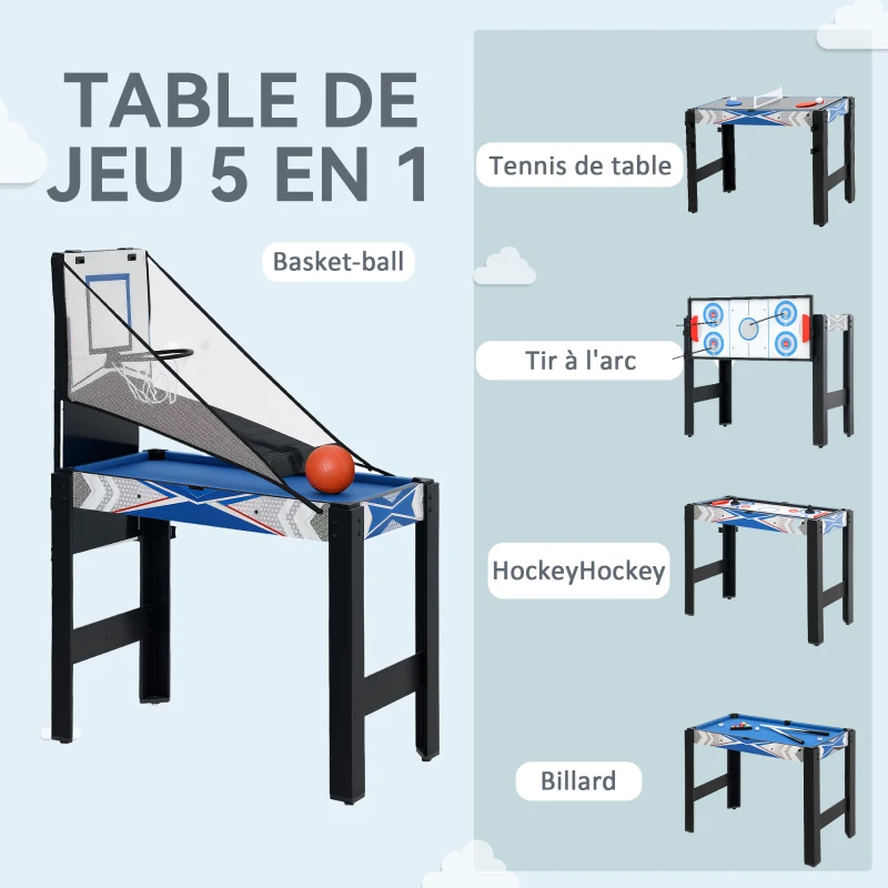 SPORTNOW Table de jeux multifonctions 5 en 1, billard, ping-pong, hockey, jeu d'arcade de basket-ball, arc et flèche, bleu