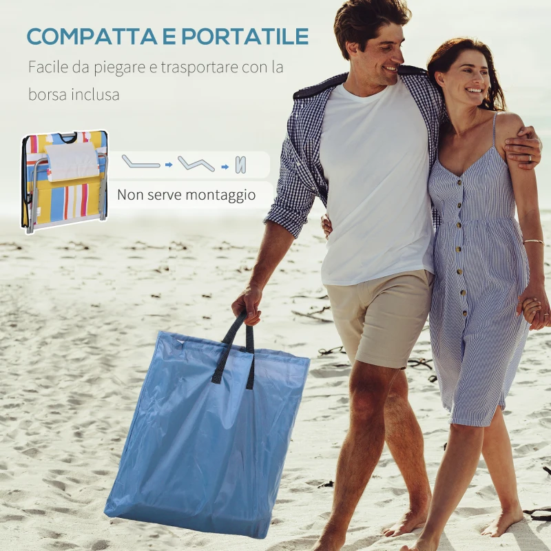 Outsunny Set 2 Sdraio da Spiaggia Pieghevoli con Schienale Regolabile e Poggiatesta, 53x124x35-45 cm, Multicolore