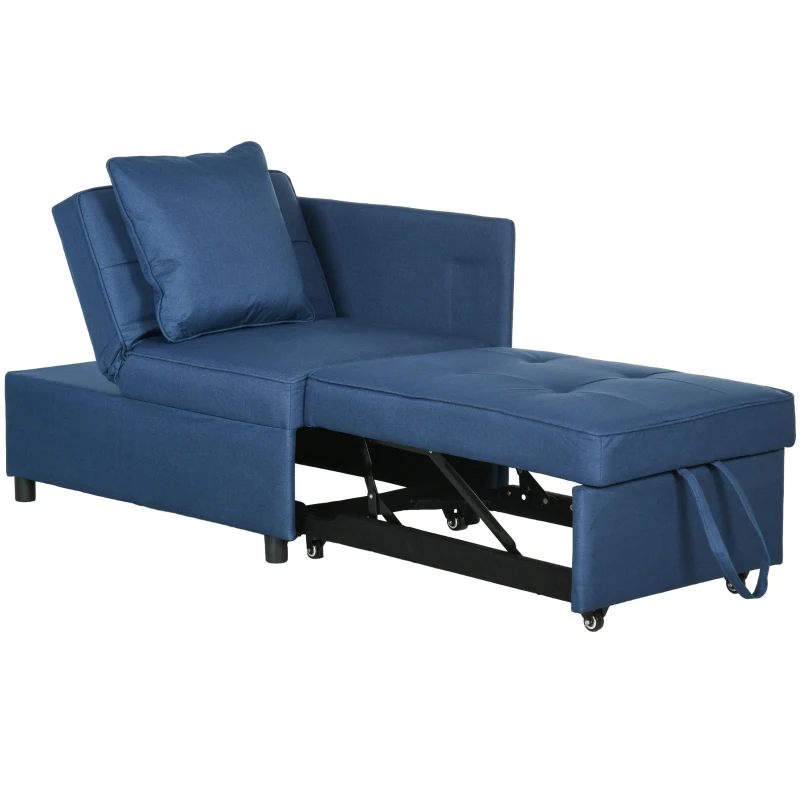 HOMCOM Sofá Cama 3 em 1 Sofá de 2 Lugares com Encosto Ajustável Sofá Cama Individual com Almofadas 65x98x69 cm Azul