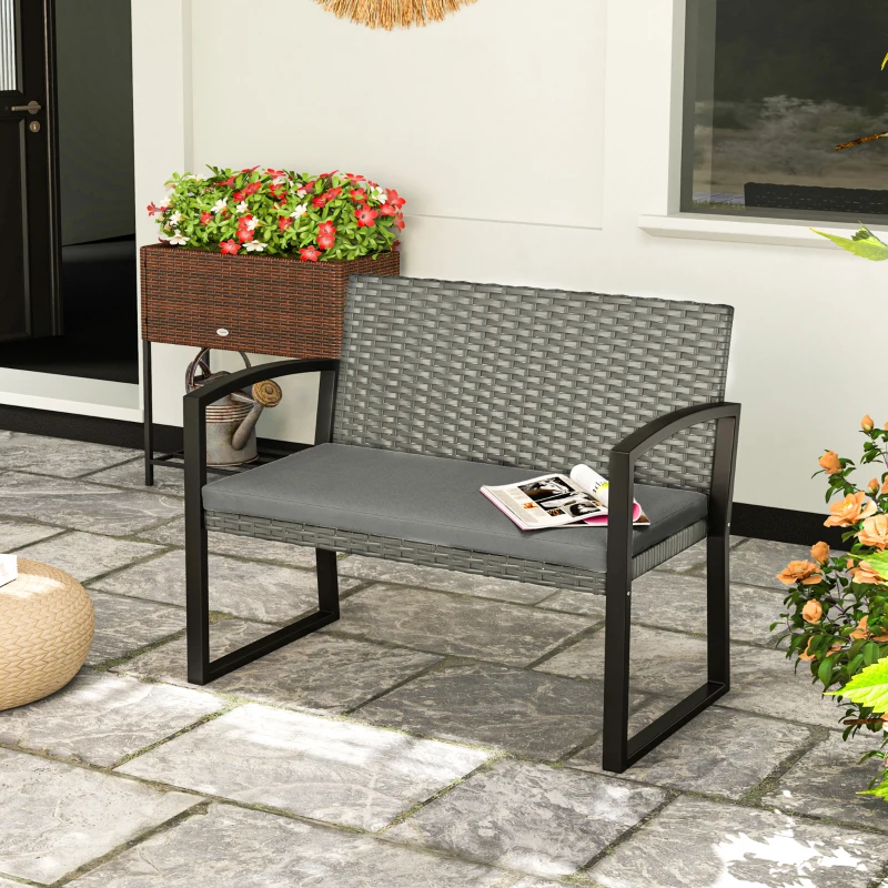 Outsunny Two-Seater Rattan Garden Bench - Grey/Black