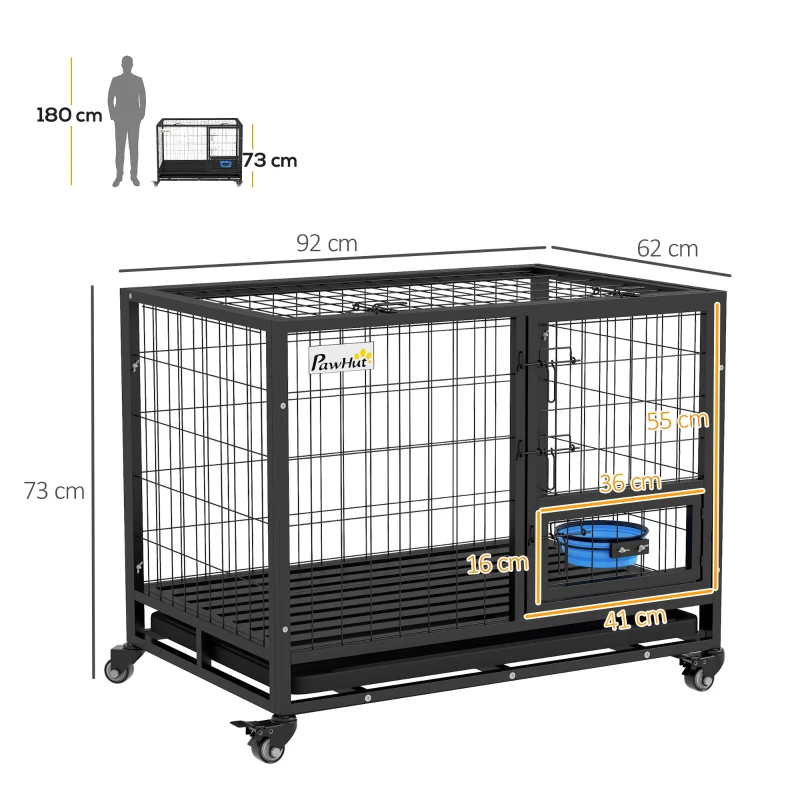 PawHut Gaiola para Cães com Parte Superior Rebatível Suporte de Tigelas Bandeja Amovível Rodas e Porta Dupla 92x62x73 cm Preto