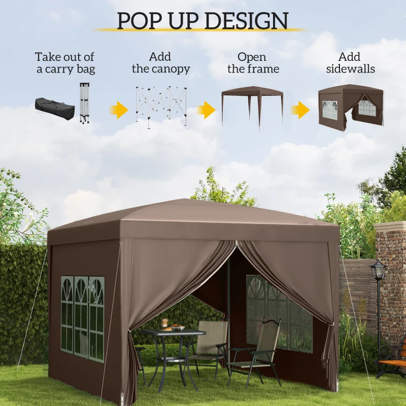 Outsunny 3 x 3 m Pop Up Gazebo, Wedding Party Canopy Tent Marquee with Carry Bag and Windows, Coffee
