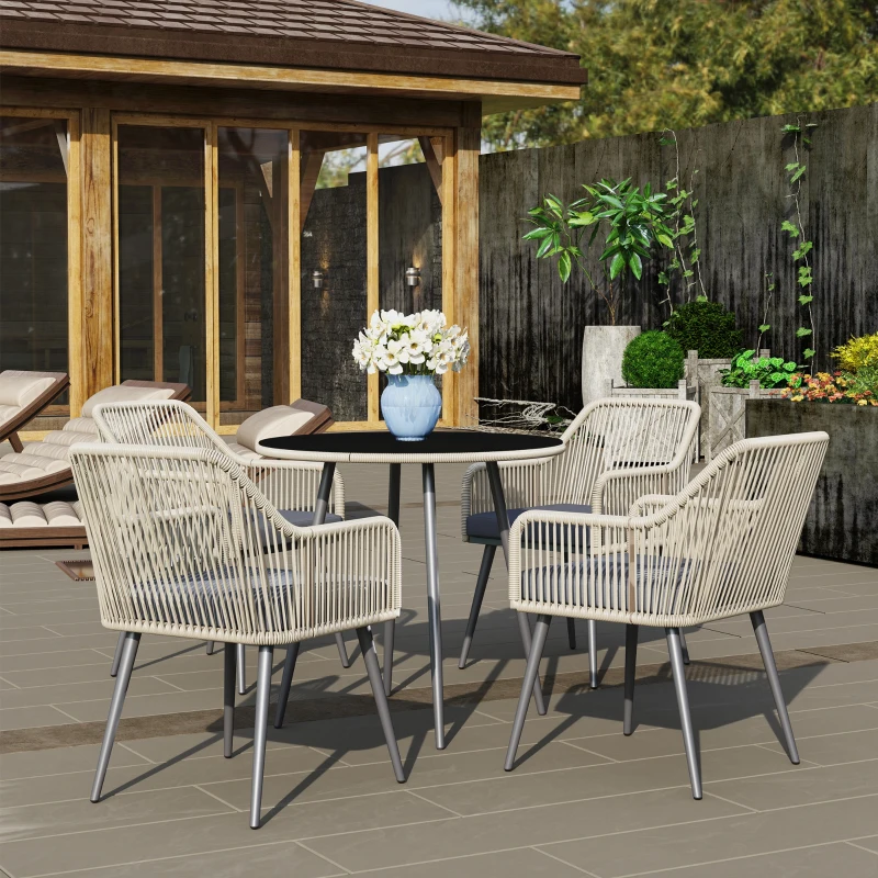 Outsunny Salon de jardin extérieur en résine tressée 4 places - coussins et table ronde en verre, pour terrasse, jardin, marron(m-10)