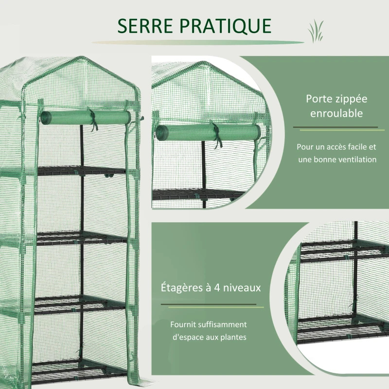 Outsunny Serre de jardin PE avec étagères 4 niveaux, serre de balcon, bâche renforcée 140 /m², châssis en acier, porte zippée enroulable, pour légumes plantes, intérieur extérieur, 70x50x160cm, vert