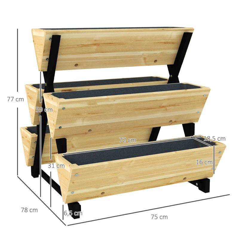 Outsunny Jardinière sur Pieds en bois  Potager 3 niveaux 5 bacs - dim. 75L x 78lx 77H cm Inserts d'irrigation Feutre de Drainage