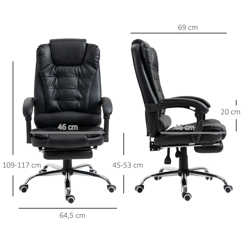 HOMCOM Fauteuil de bureau fauteuil manager grand confort dossier inclinable roulettes P.U 64,5 x 69 x 117 cm noir