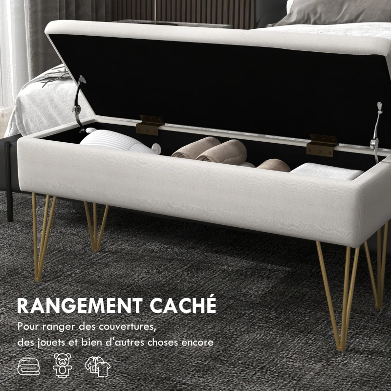 HOMCOM Banc banquette coffre de rangement 2 en 1 en tissu avec pieds épingle en acier doré 100 x 40 x 49 cm crème