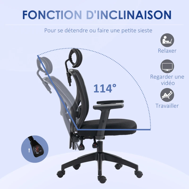 Vinsetto Fauteuil de bureau chaise de bureau manager dossier ergonomique inclinable pivotant tissu maille noir