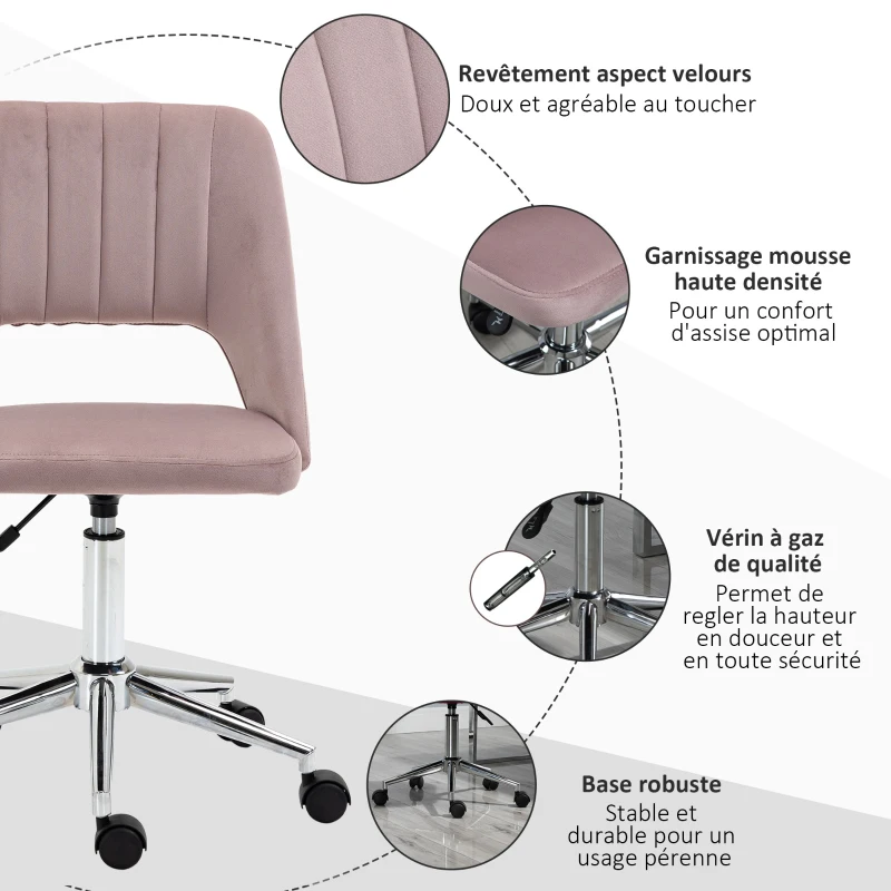 Vinsetto Chaise de bureau design contemporain pivotante 360° ergonomique dossier strié aéré hauteur réglable revêtement velours 49 x 60 x 91 cm rose