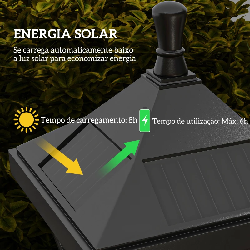 Outsunny Candeeiro Solar de Jardim Candeeiro com Painel Solar Liga e Desliga Automaticamente para Exterior Pátio 15x15x127 cm Preto