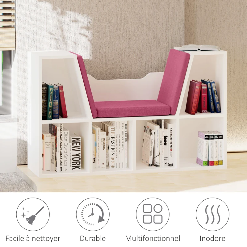 HOMCOM Bibliothèque banc 2 en 1 avec coussins de siège, étagère cube 6 compartiments ouverts et 2 niveaux, meuble de rangement pour salon, chambre à coucher, bureau, 102 x 30 x 61 cm, rose