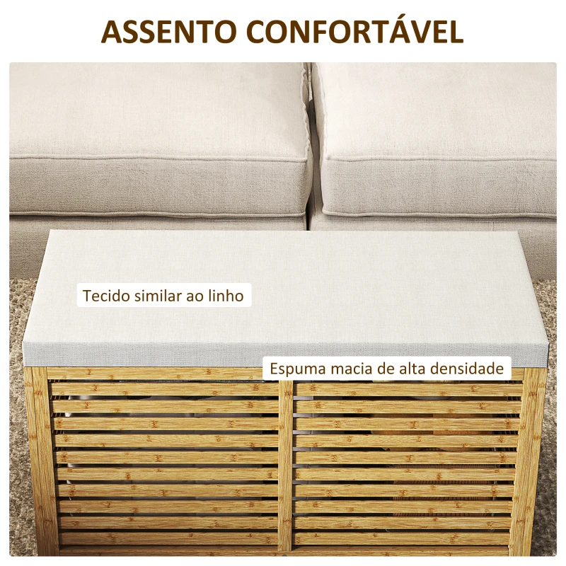 HOMCOM Baú de Arrumação para Dormitório 122L Estofado em Linho Sintético com Almofada Estrutura de Bambu 90x42x43 cm Cinza e Madeira