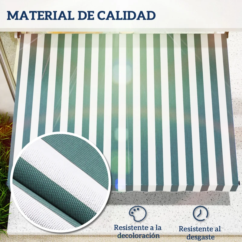 Outsunny Toldo Manual Retráctil 200x150x170-280 cm para Balcón y Terraza con Altura Ajustable con Manivela Rayas Verde y Blanco