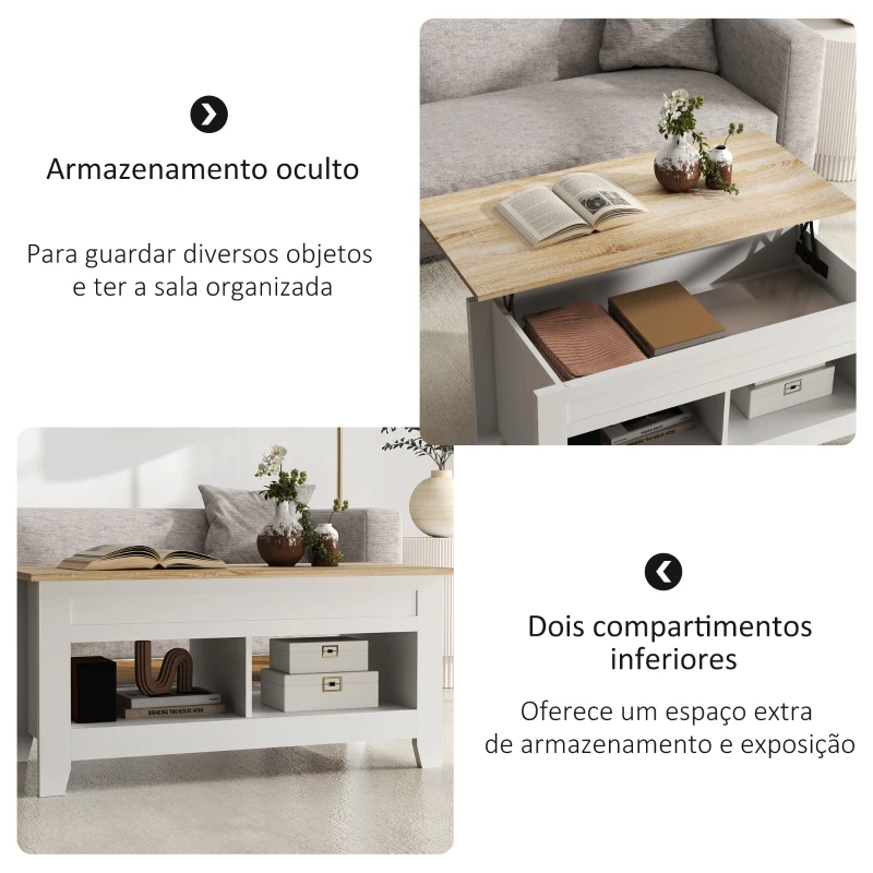 HOMCOM Mesa de Centro com Bancada Elevável 2 Compartimentos Abertos Bancada de Madeira 105x50x49 cm Branco e Madeira