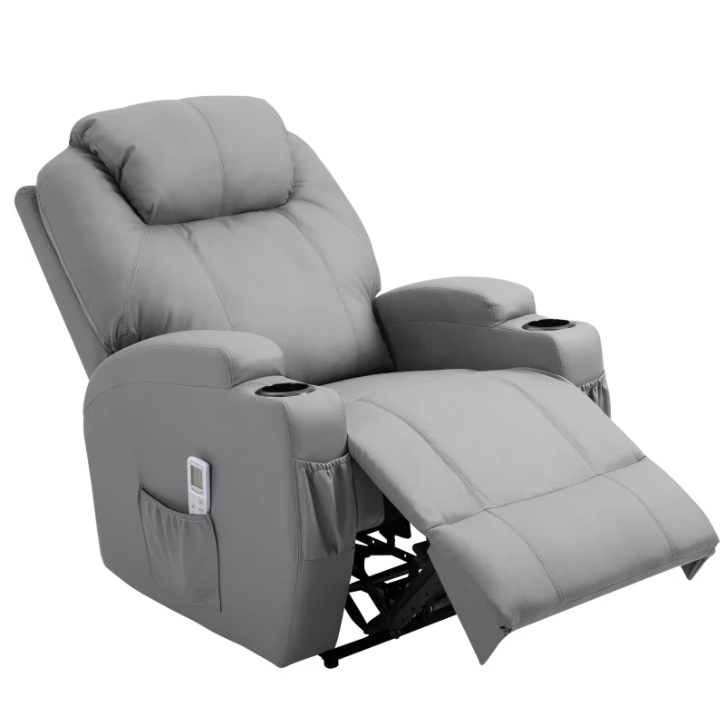 HOMCOM Fauteuil de Massage Inclinable, Chaise de Relaxation avec dossier et repose-pied électrique réglables revêtement synthétique pour Salon, Chambre, Cinéma Maison Gris