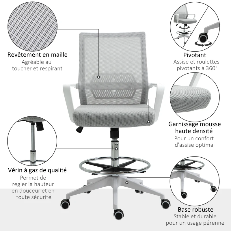 Vinsetto Fauteuil de bureau chaise de bureau assise haute réglable dim. 64L x 59l x 104-124H cm tabouret de bureau pivotant 360° maille respirante gris et blanc