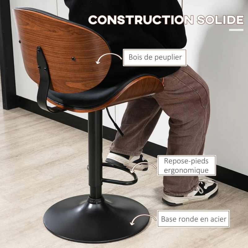 HOMCOM Lot de 2 chaises de bar tabouret hauteur réglable revêtement synthétique 53 x 52 x 92-112 cm noir