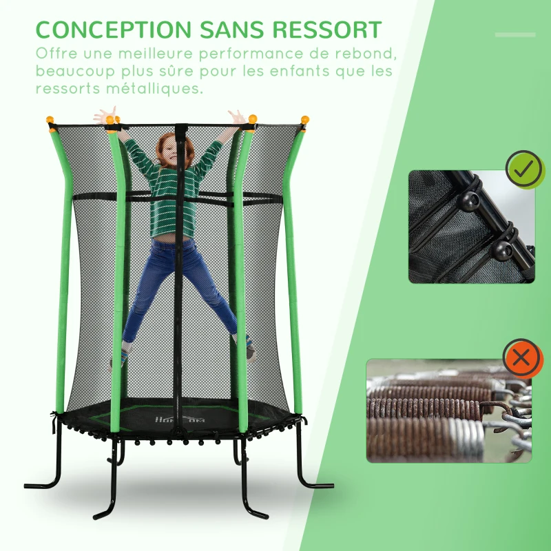 HOMCOM Trampoline pour enfant Ø 1,63 x 1,9 m filet de sécurité porte zippée 6 poteaux rembourrés inclus vert noir
