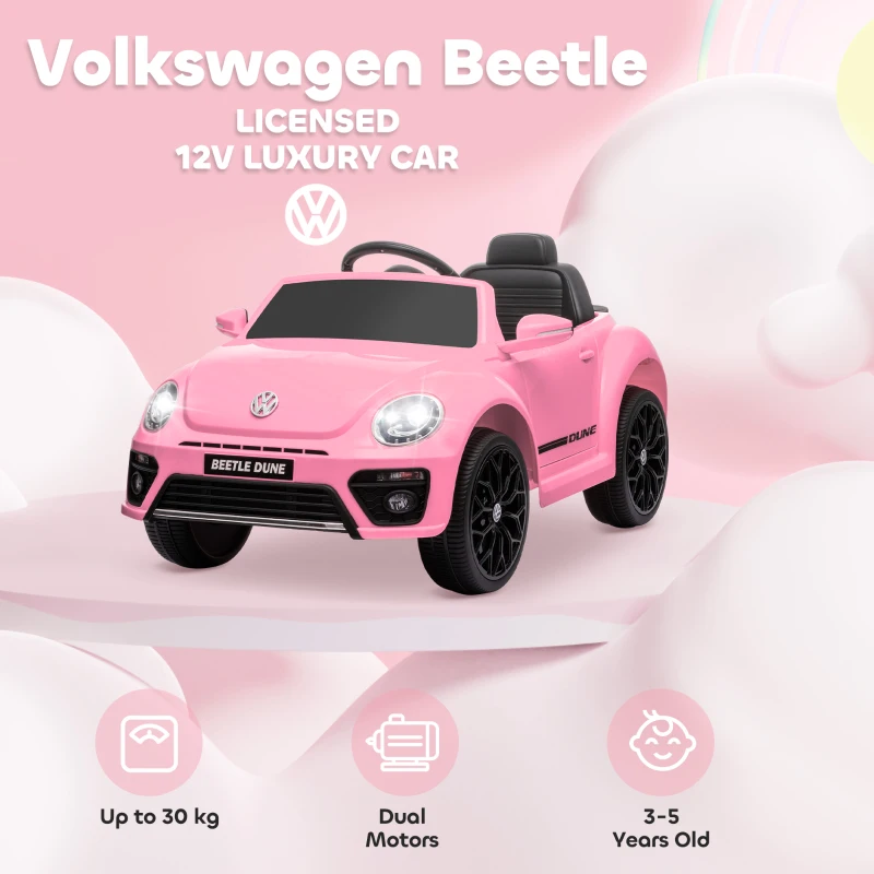 AIYAPLAY Volkswagen Beetle Licensed 12V Ride on Car w/ Remote Control, Suspension Wheels, Soft Start, Lights, Music, Pink
